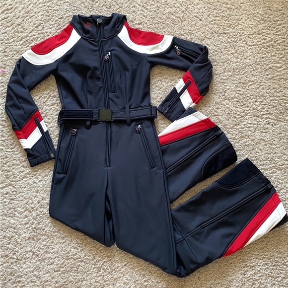 NWT Perfect moment Allos hooded striped ski suit in jet black/red/snow white - Picture 4 of 13